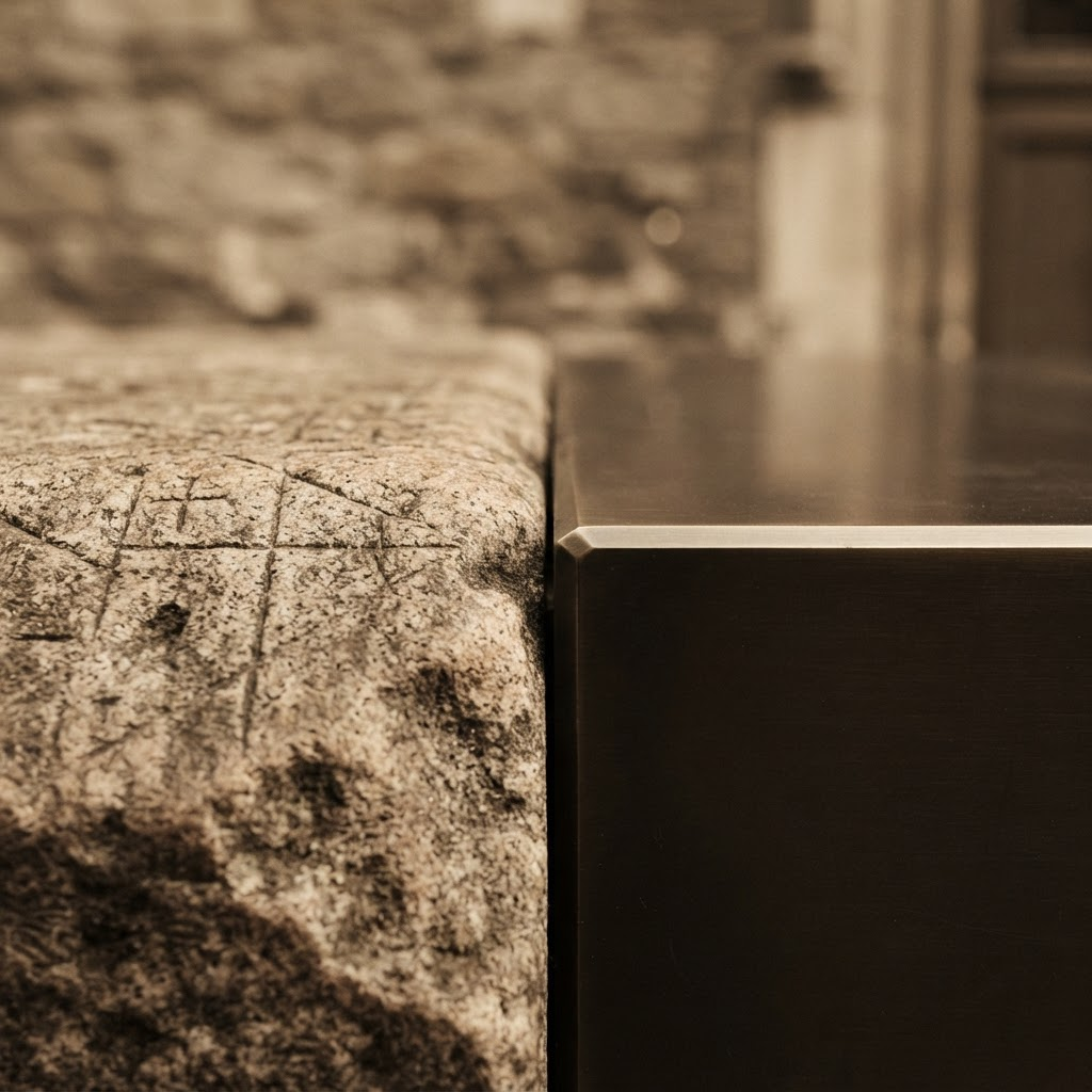 Ancient boundary marker meeting a modern engineered edge